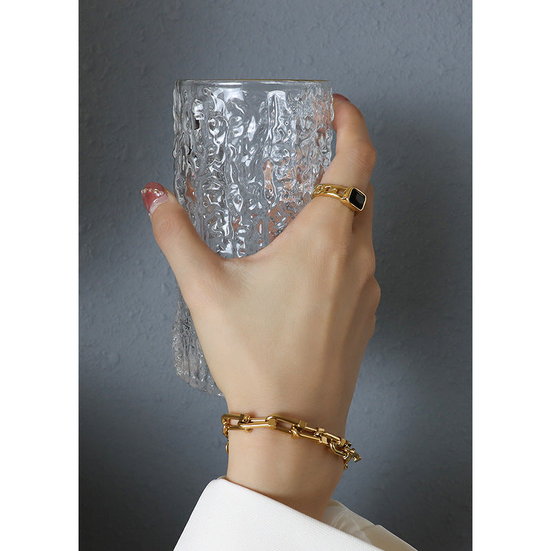 Modern Black Square Zircon Cut Open Ring - Women's Titanium Steel Plated 18K Gold Jewelry