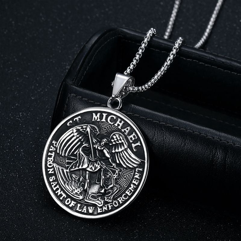 Planderful St Michael Angel Round Pendant Necklace Unisex Titanium Steel Punk Style Jewelry