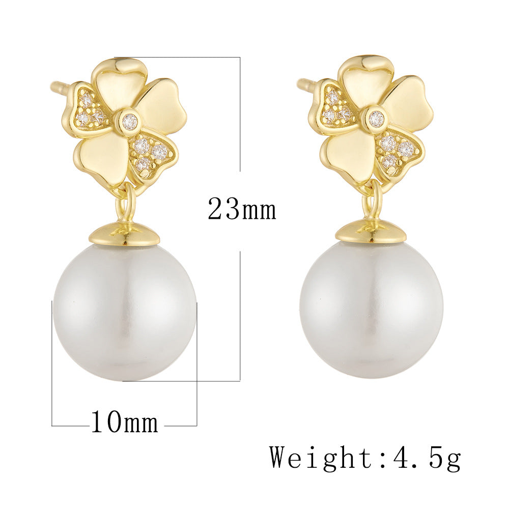 Pearl Earrings S925 Silver Inlaid Zircon Clover Flower Real Gold Electroplated Stud Earrings