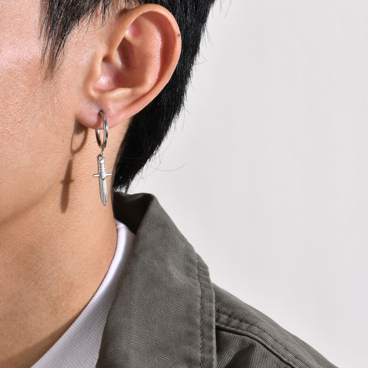Dagger Charm Hoop Earring — Single Silver Earring