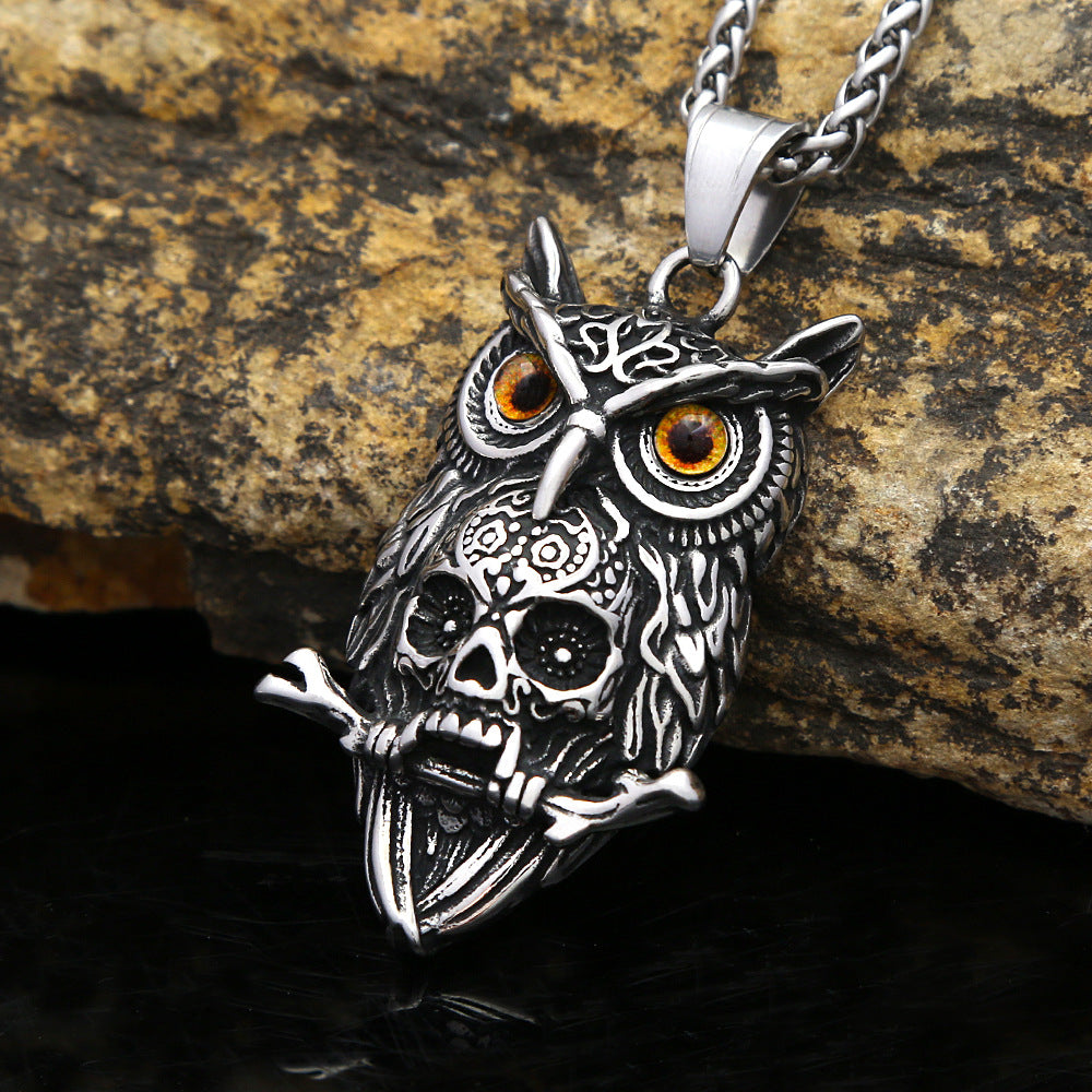 Retro Owl Skull Stainless Steel Pendant Necklace for Men