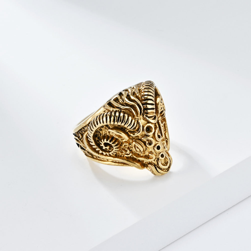 Cross-Border Retro Goat Head Titanium Steel Ring for Men