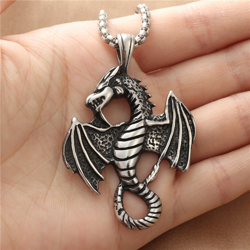 Titanium Steel Dragon Pendant Necklace - Retro Punk Style for Men, Multi-Color Fire-Breathing Design