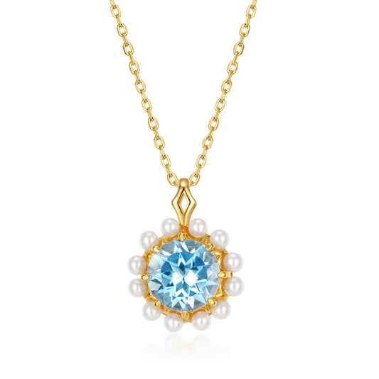 Round Sky Blue Topaz Pendant Pearl Sterling Silver Necklace