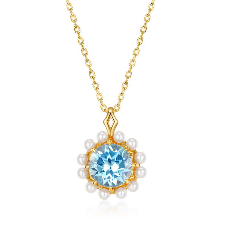 Round Sky Blue Topaz Pendant Pearl Sterling Silver Necklace