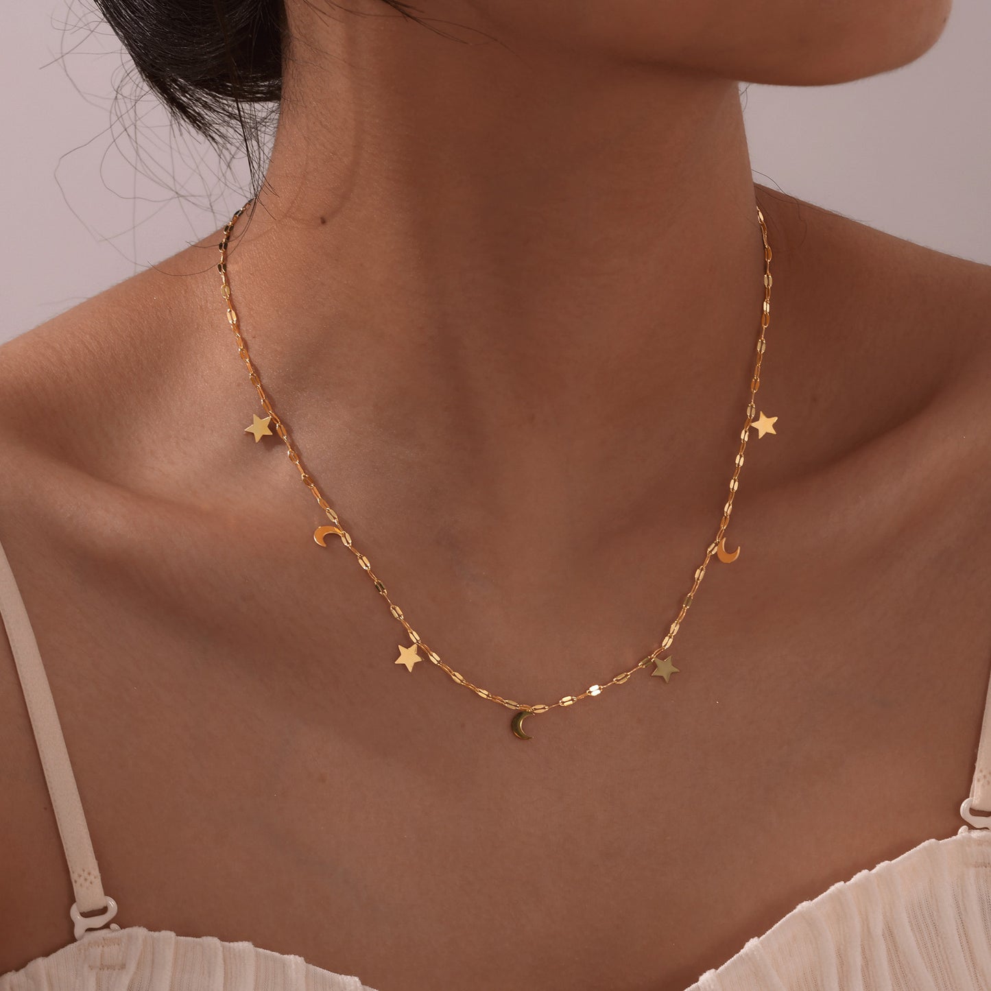 Ladies Stainless Steel Lip Chain Star Moon Necklace Gold