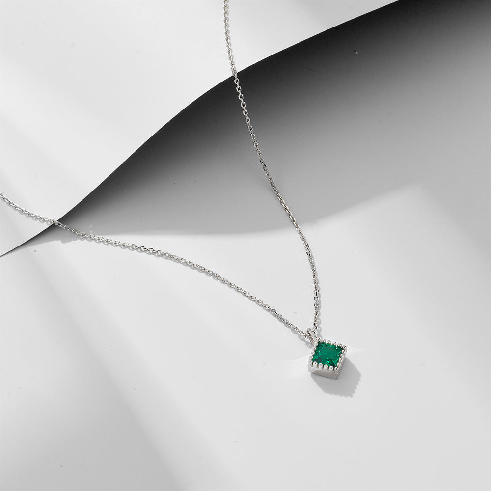 Square Emerald Green Zircon Pendant Silver Necklace