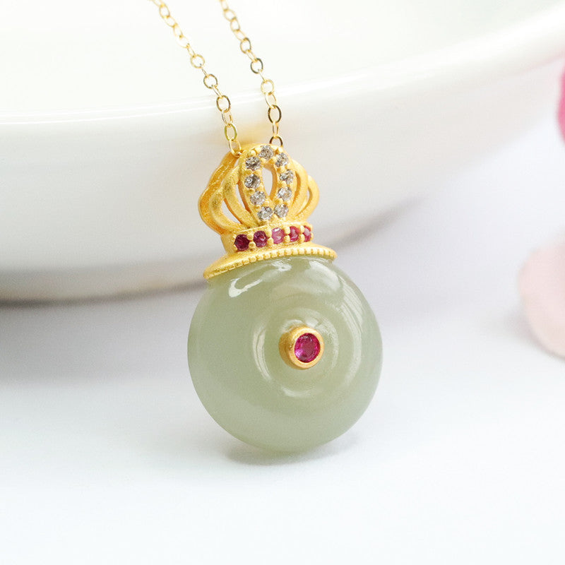 Sterling Silver Necklace with Natural Hetian Jade Buckle and Zircon Crown