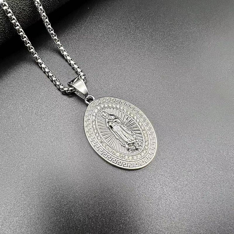 Rhinestone Necklace – Statement Virgin Mary Pendant