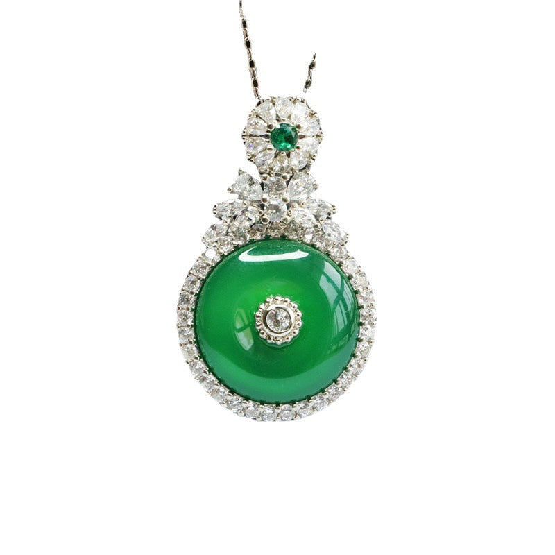 Green Chalcedony Sterling Silver Necklace with Zircon Safety Buckle