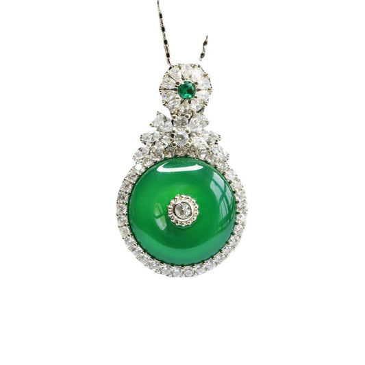 Green Chalcedony Sterling Silver Necklace with Zircon Safety Buckle