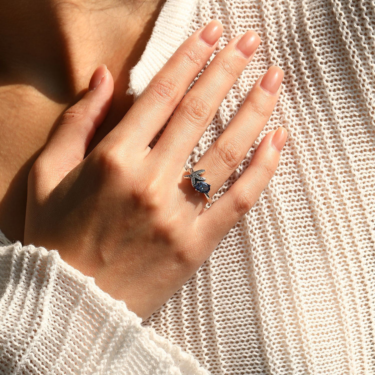 925 Sterling Silver Starfish Star Tanzanite-Color Zircon Ring