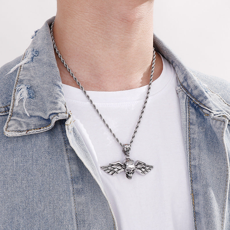 Trendy Hip Hop Skull Pendant with Angel Wings - Men's Titanium Steel Fashion Accessory