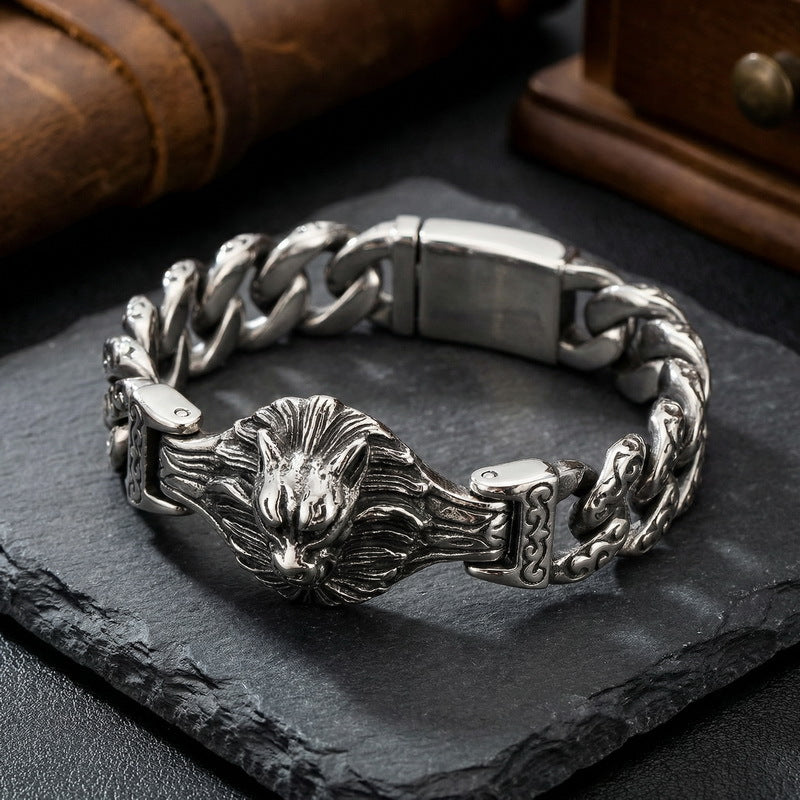 Antique Skull Wolf Head Flower Men's Titanium Steel Bracelet