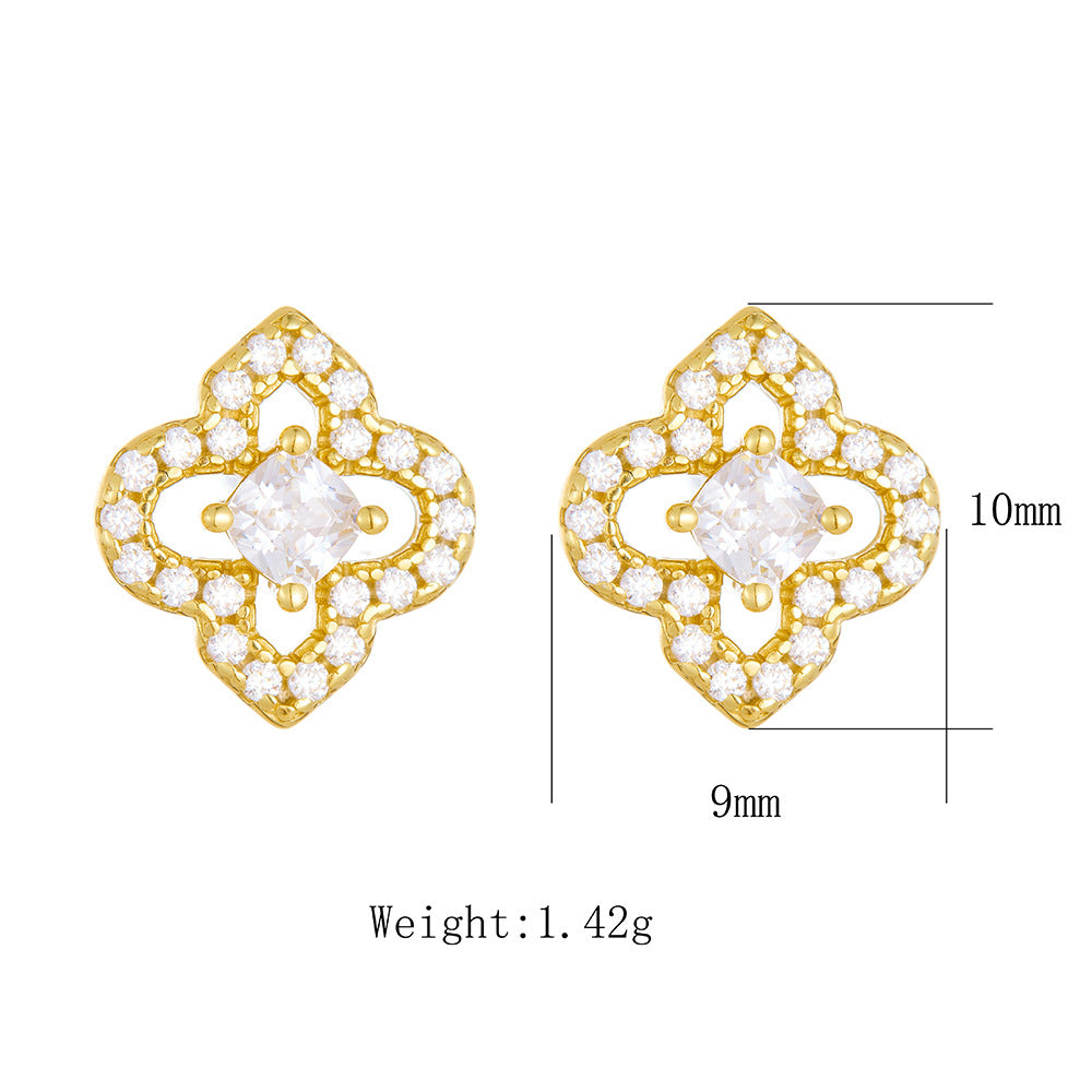 S925 Sterling Silver Four-Leaf Clover Inlaid Zircon Stud Earrings 'S Hollow Zircon Earrings