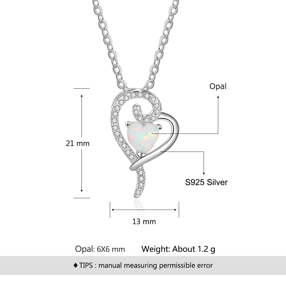 Planderful Jewelry Opal Heart Necklace in Sterling Silver with White Zircon Pendant