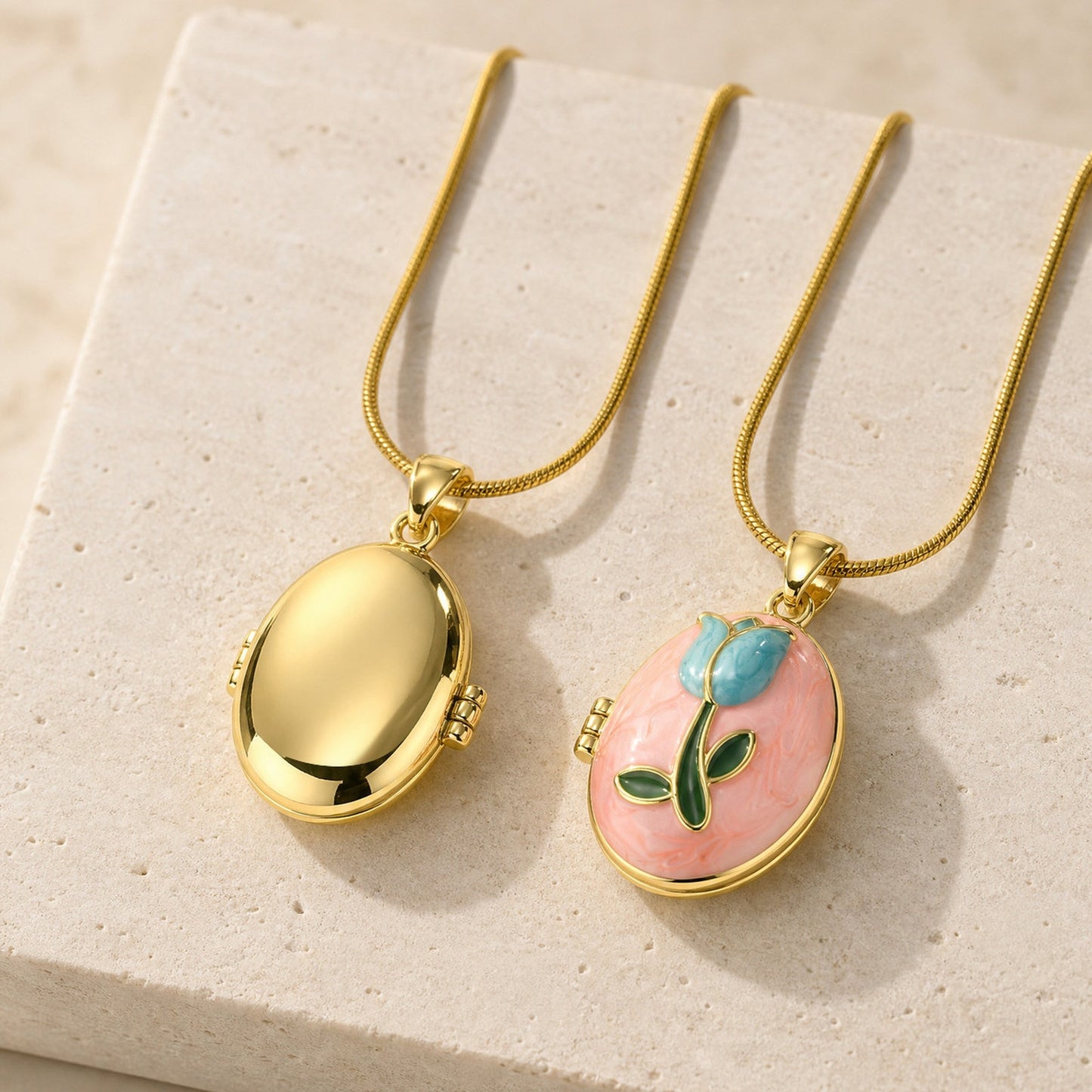 Pink & Blue Oil Drop Flower Photo Box Necklace Copper Material Can Be Opened & Closed