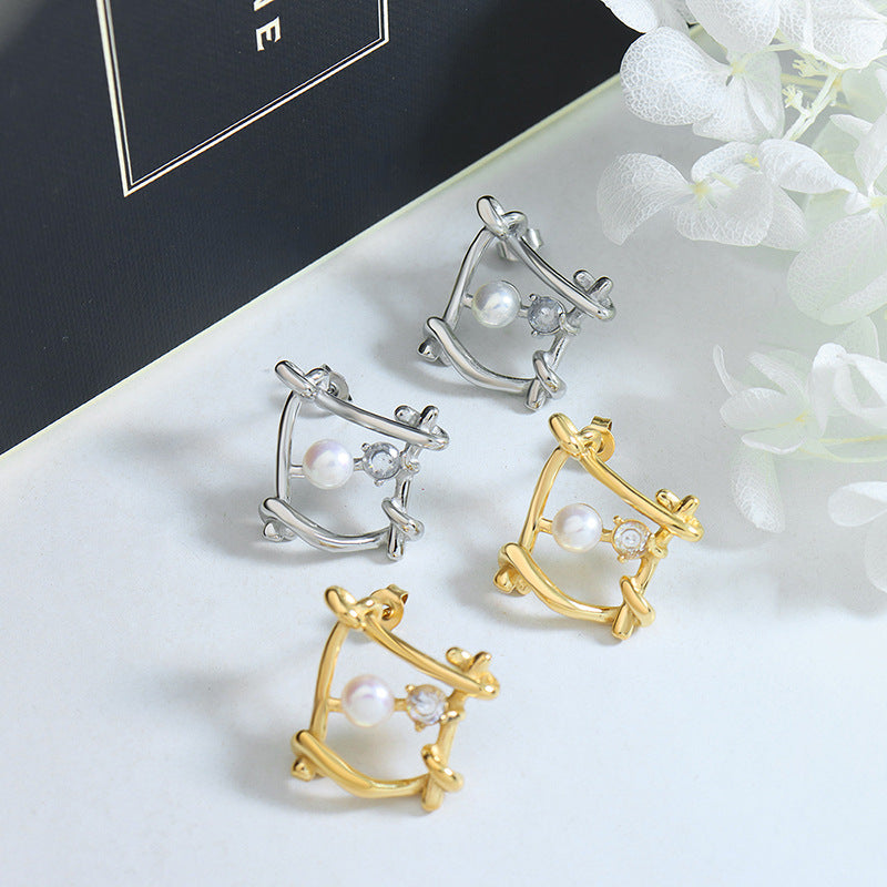 Geometric Freshwater Pearl and Zircon Earrings with a Personalized Twist