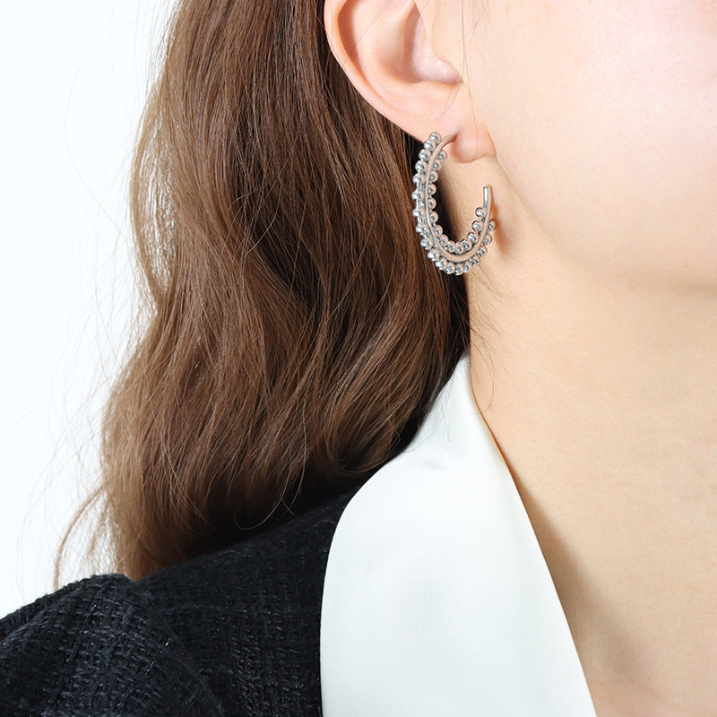Exaggerated Double Layer Steel Ball Large Circular Earrings - Gold-Plated Titanium Jewelry