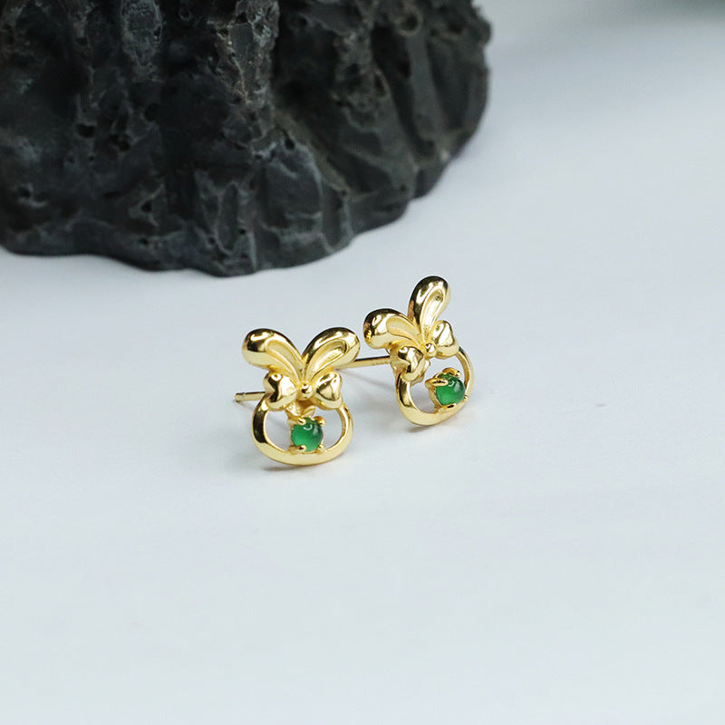 Icy Green Jadeite Bow 925 Silver Stud Earrings