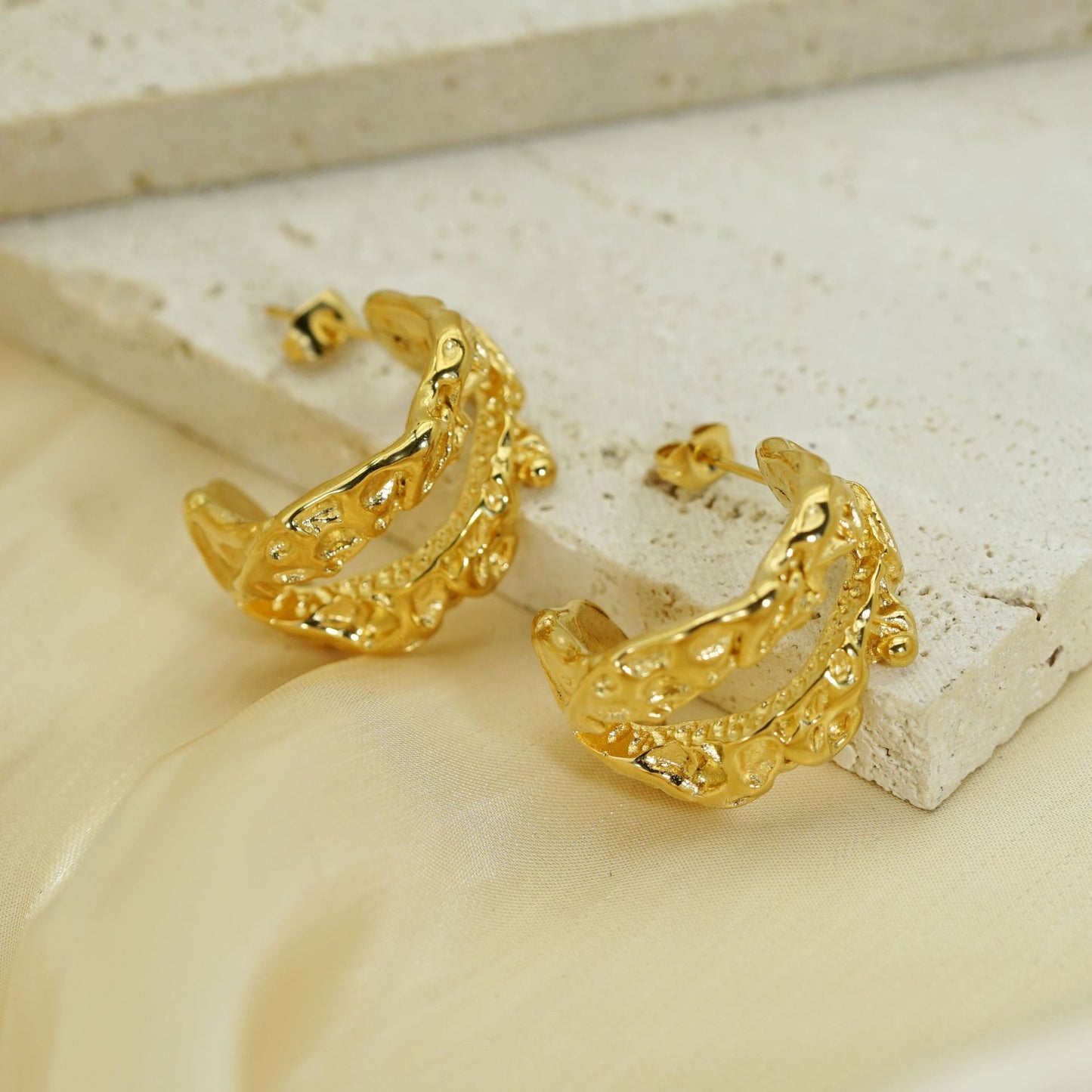 Planderful Stainless Steel Earrings With Irregular Pleated Texture Gold Plated Luxury Statement For Bold Women