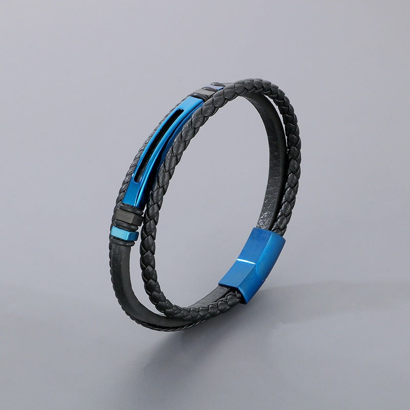 Multi-Layer Leather Rope Bracelet – Black Woven Leather Layered Stainless Steel