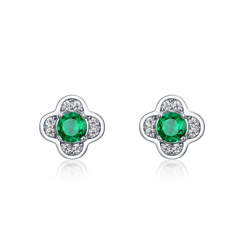S925 Sterling Silver Lab-Grown Emerald Four-Leaf Clover Stud Earrings