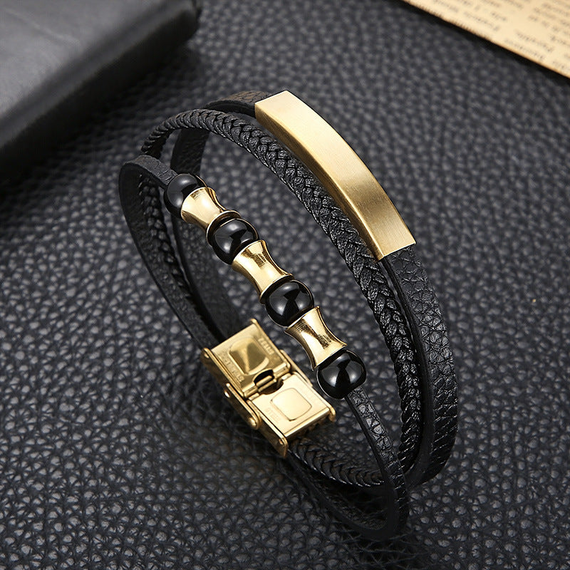 Planderful Mens Stainless Steel Braided Leather Bracelet