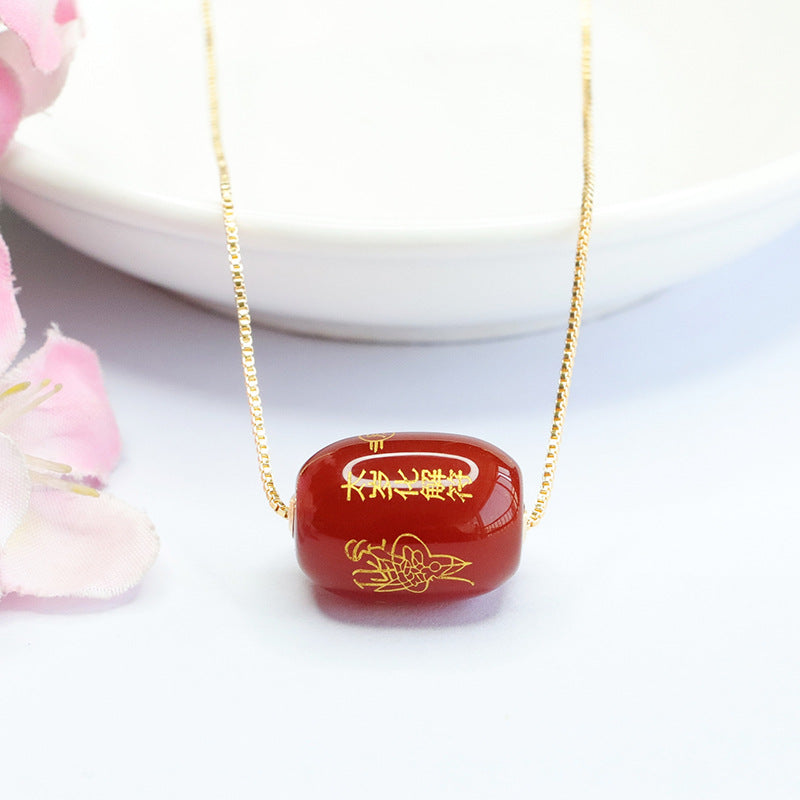 Red Agate Cylindrical Bead Rune Pendant Necklace