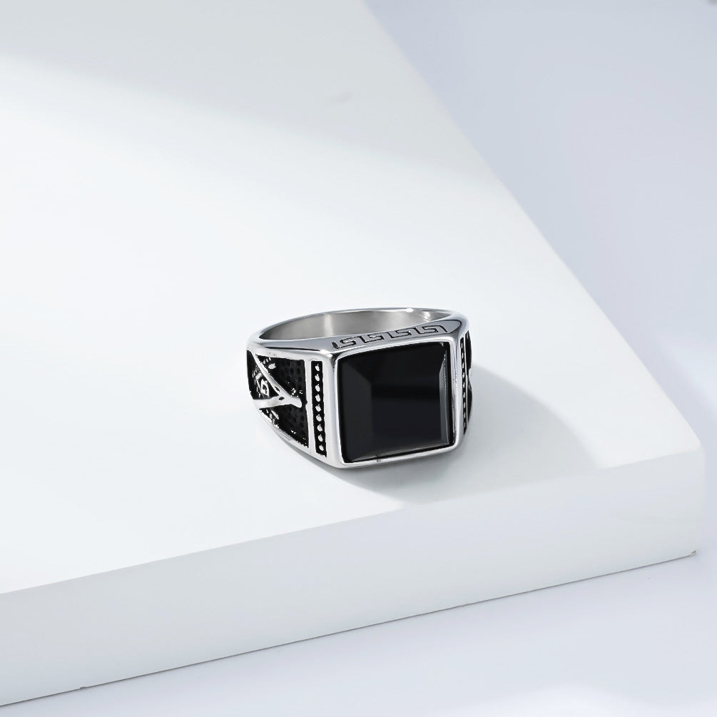 Planderful Everyday Genie Masonic Ring For Men Black Glass Gem Titanium Steel Does Not Fade Street Style