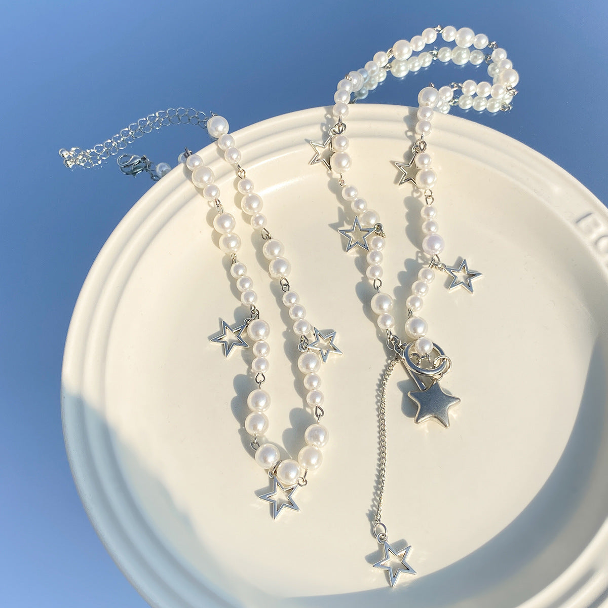 Cross-border Spice Girl Star Sweet Choker Necklace with Imitation Pearls and Metal Beads