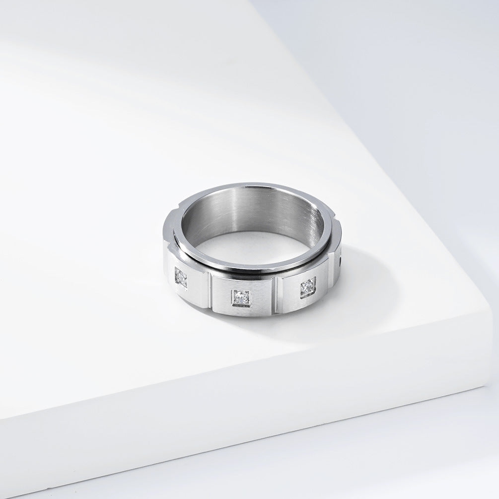 Planderful Titanium Steel Inlaid Zircon Rotating Ring For Men Geometric Matte High End Jewelry