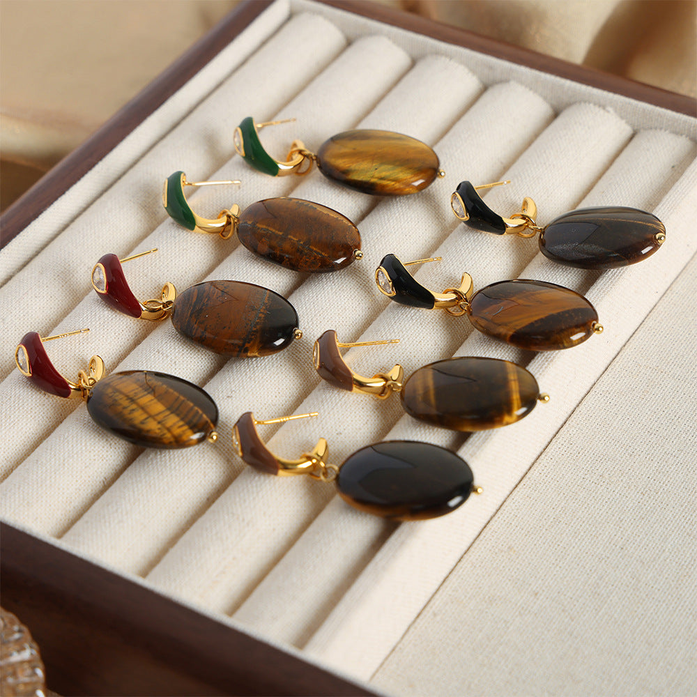 Tiger Eye Stone Pendant with Enamel Earrings Set