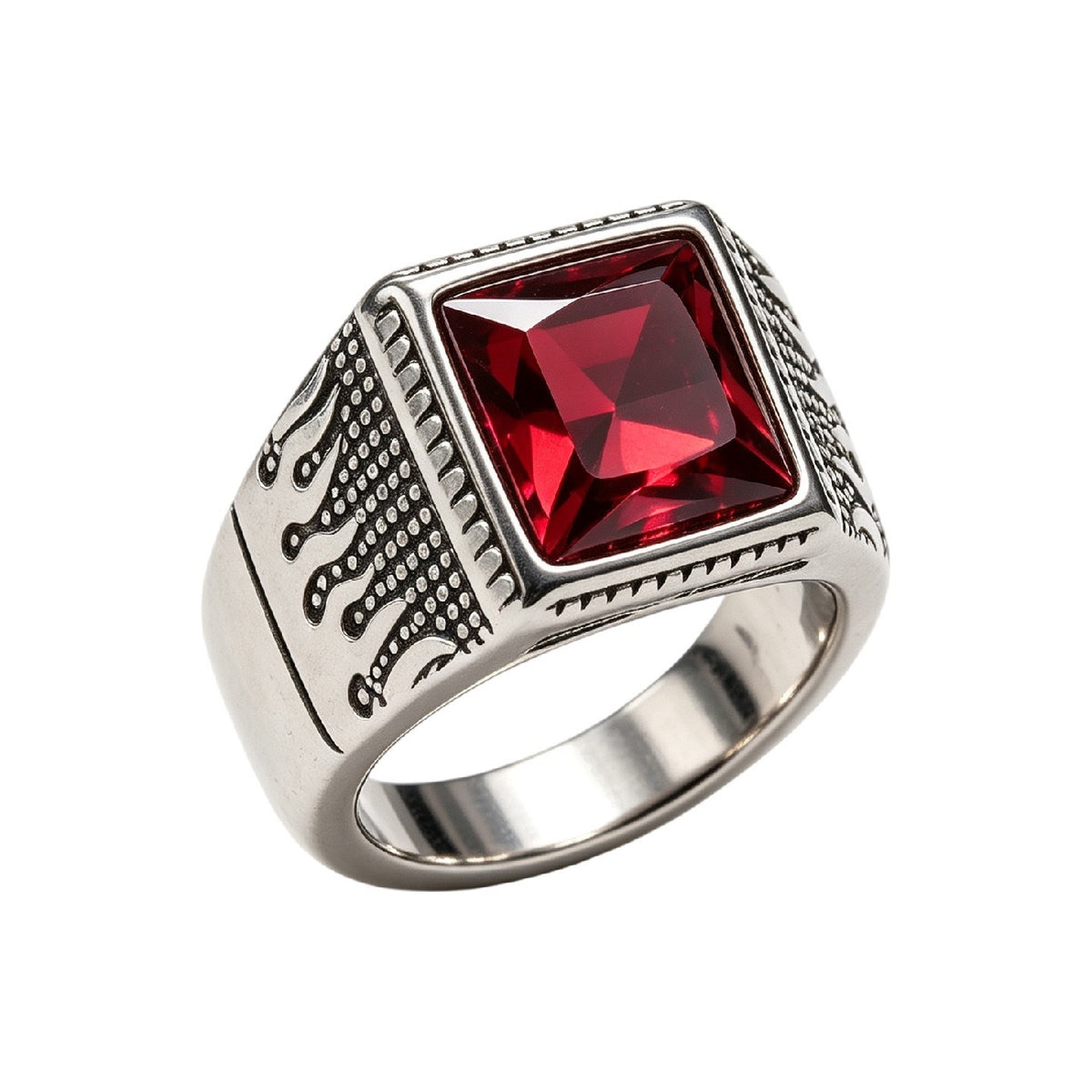 Flame-Detail Gemstone Titanium Steel Ring