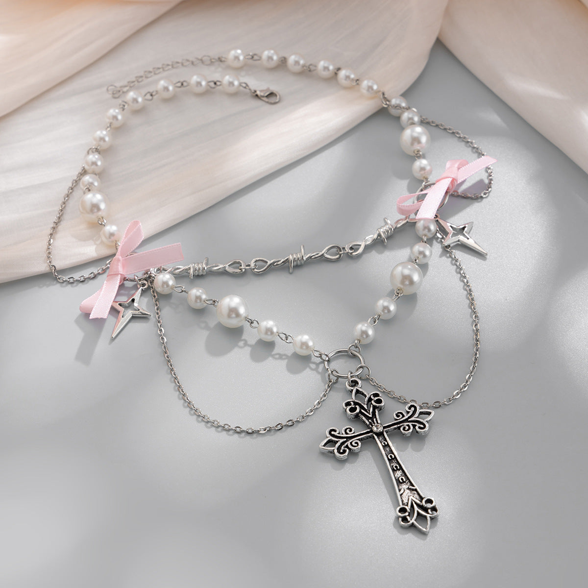 Bow, Cross & Pearl-Style Fringe Necklace
