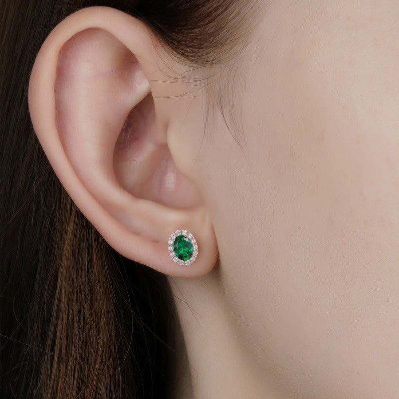 S925 Sterling Silver Lab-Grown Gemstone Oval Stud Earrings