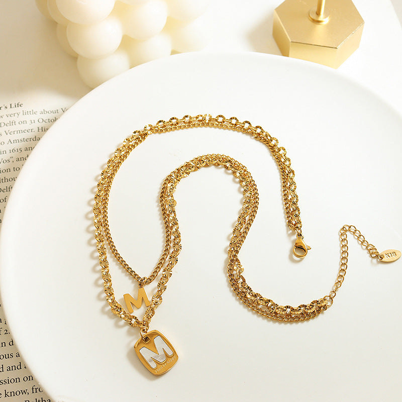 Layered Korean Internet Celebrity Titanium Steel Necklace with White Seashell Pendant