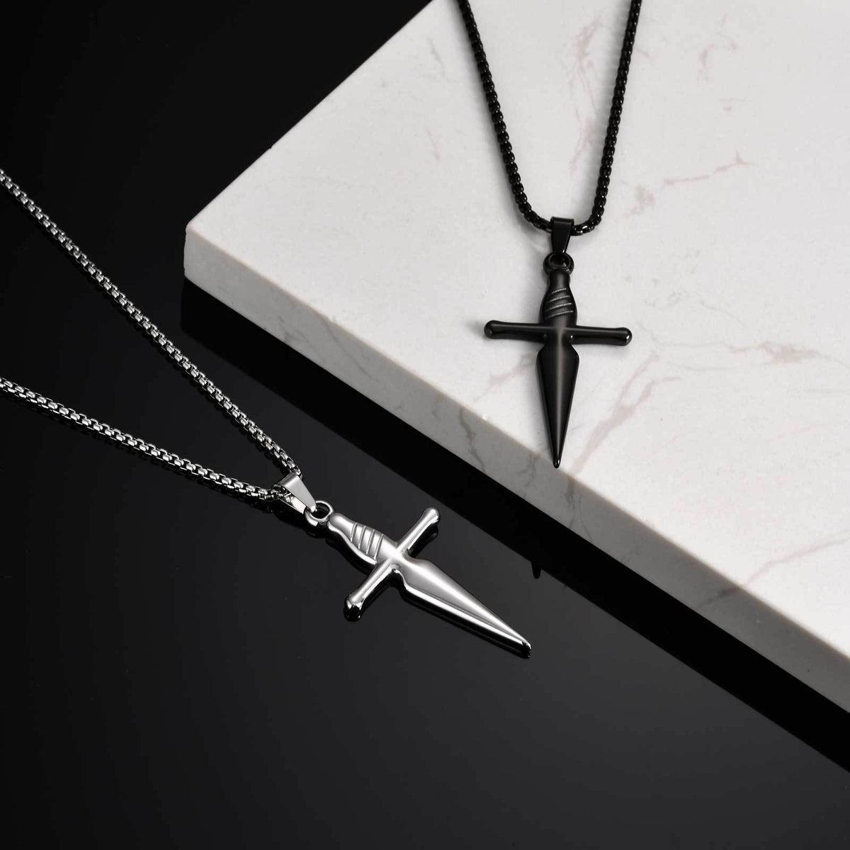 Cross Dagger Pendant — Black or Silver, Chain Optional