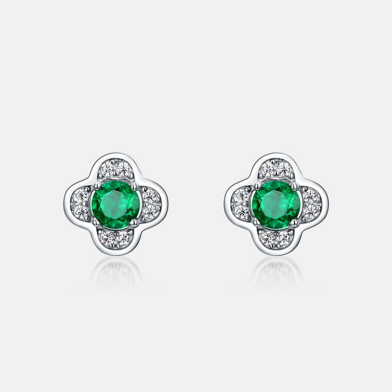 S925 Sterling Silver Lab-Grown Emerald Four-Leaf Clover Stud Earrings