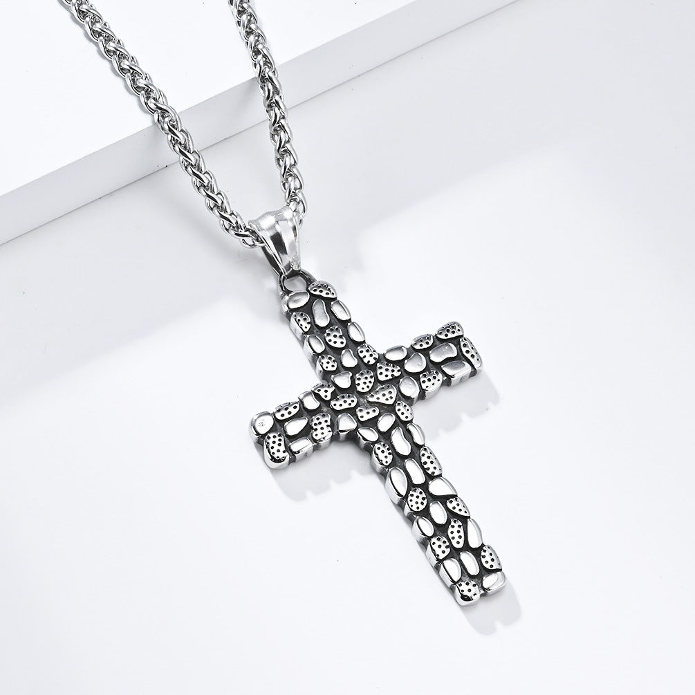 Cross-Border Retro Pebble Stainless Steel Cross Necklace Men