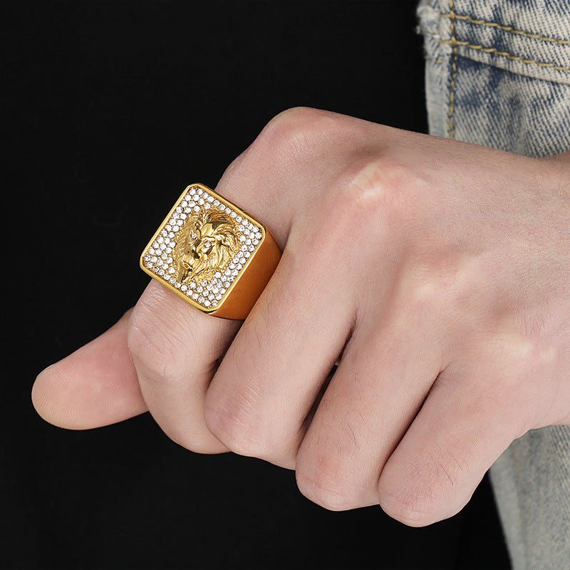 Planderful Mens Titanium Ring Lion Head Zircon Cross
