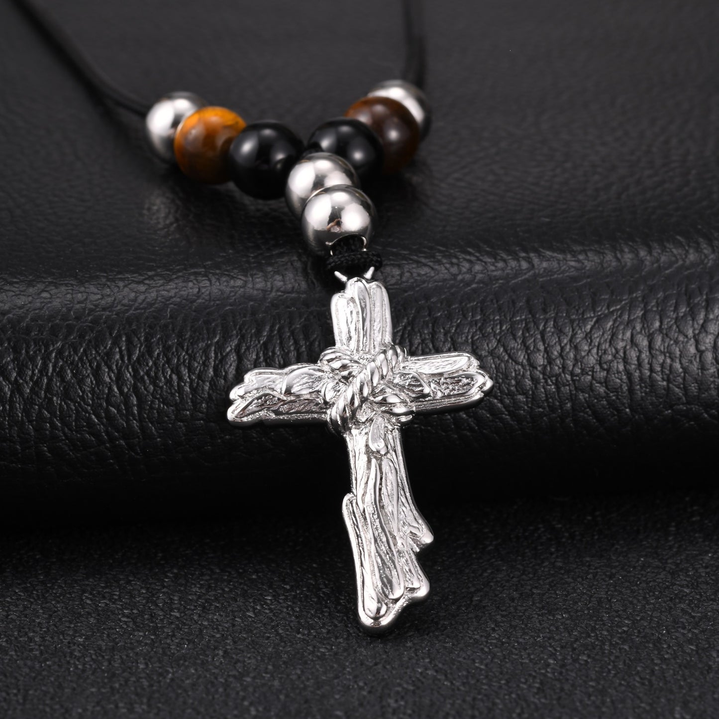 Stainless Steel Cross Agate Tiger's Eye Stone Beaded Adjustable Necklace