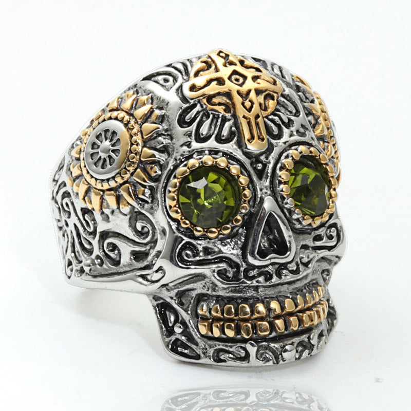 Planderful Skull Ring Titanium Steel Engraved Ghost Head Green Eye Unisex Protection For Men