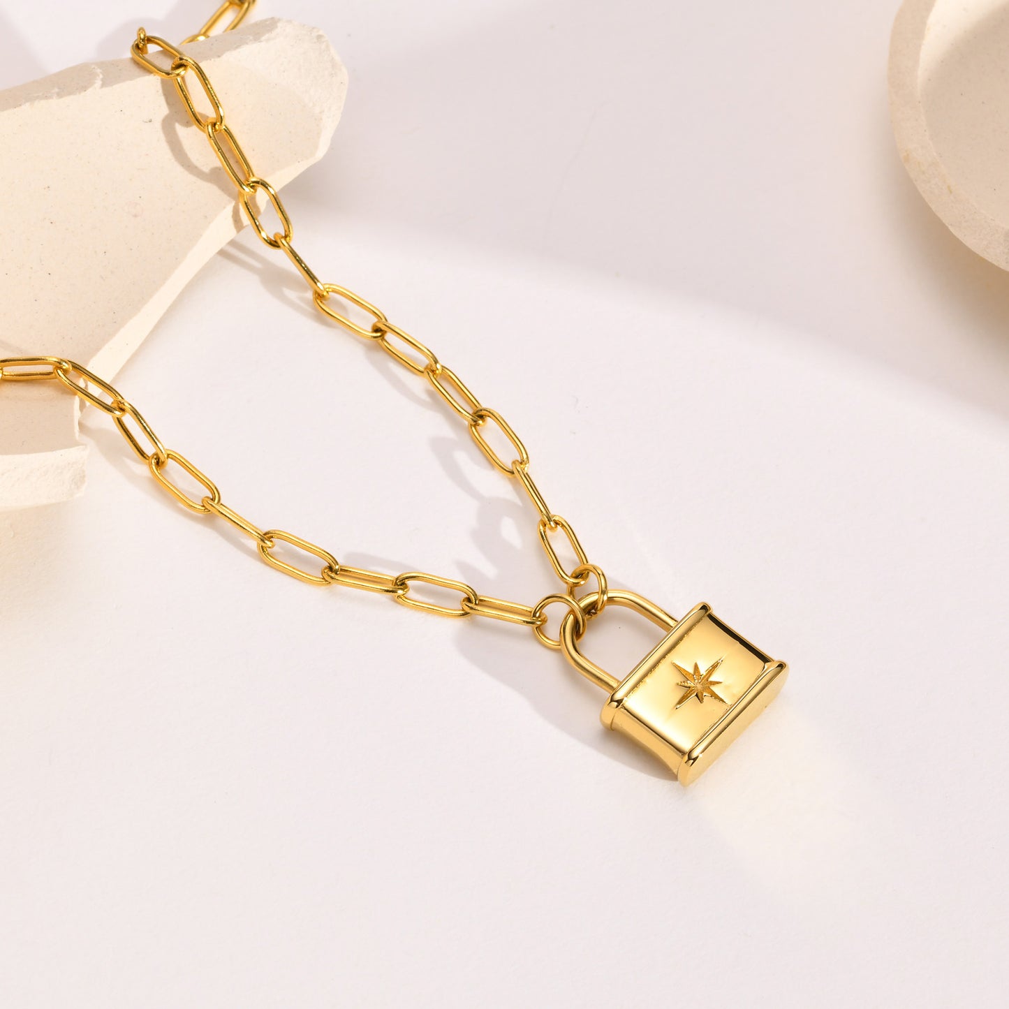 Stainless Steel Octagram Lock Necklace Gold Women Jewelry