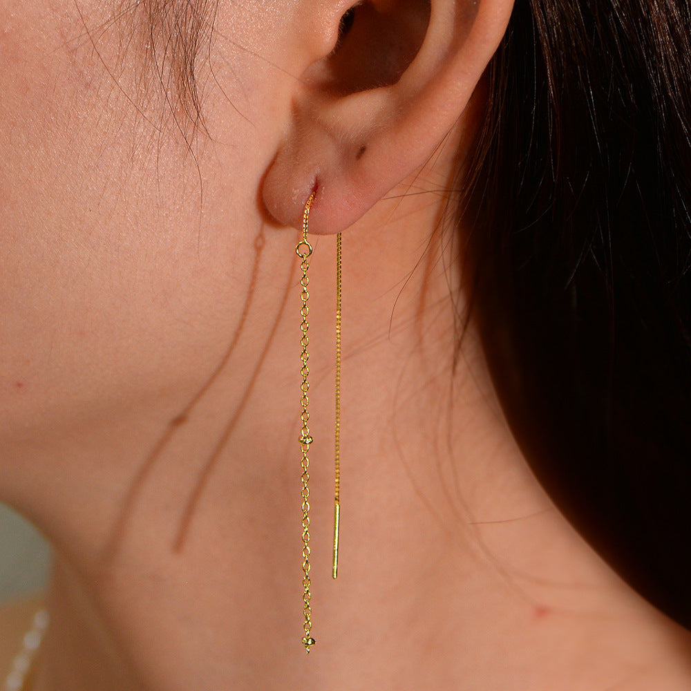 Planderful Sterling Silver Earrings S925 Long Fringed Ear Chain With Round Bead For Fashionable Women