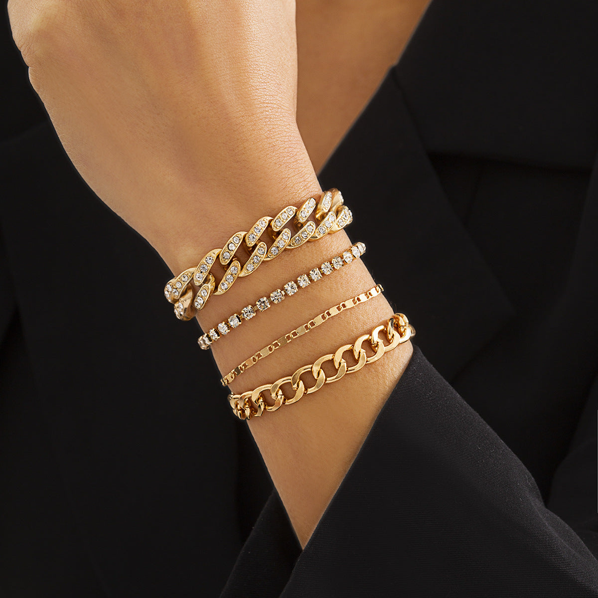 Planderful Vienna Verve Cuban Link Bracelet Set For Women Dark Zircon Punk Stacked Chains Statement
