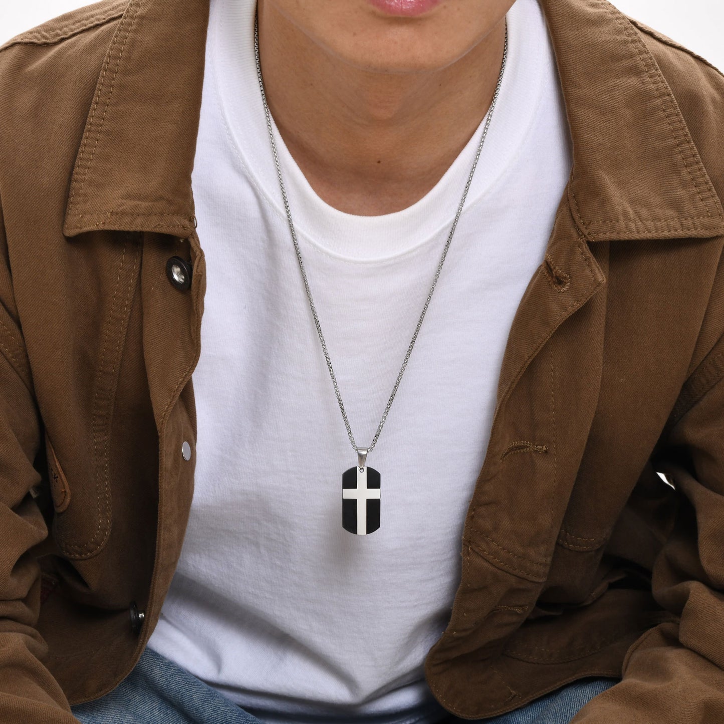 Men's Stainless Steel Cross Sand Dog Tag Pendant Necklace