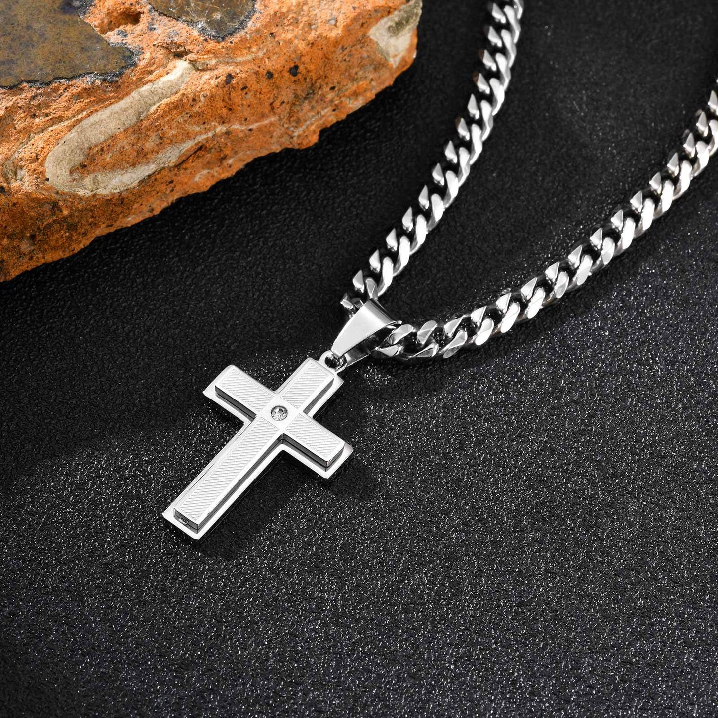 Planderful Stainless Steel Cross Pendant For Men Rhinestone