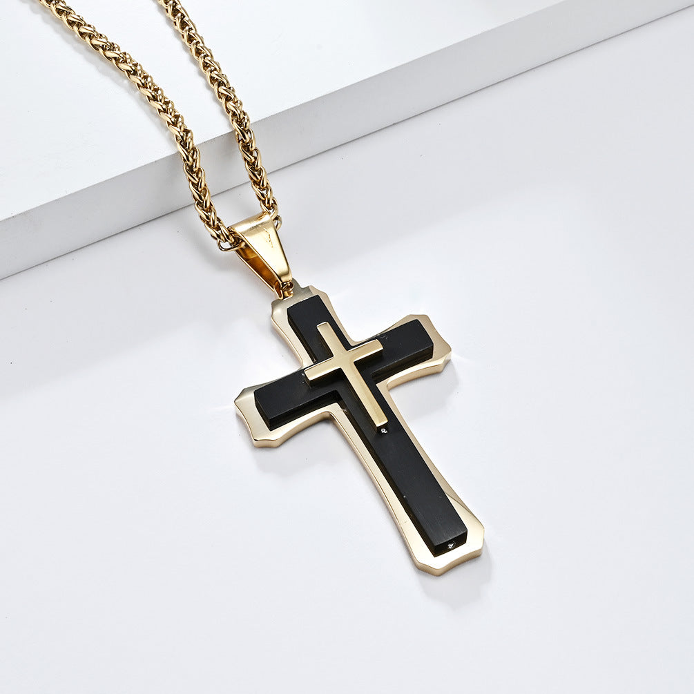 Three-Layer Titanium Steel Cross Pendant Necklace for Men