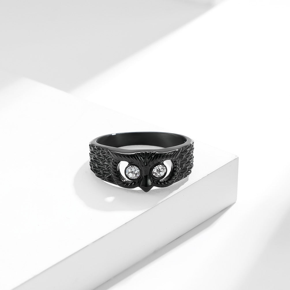 Planderful Titanium Steel Owl Zircon Ring Unisex Hip Hop Style Jewelry for Men and Women